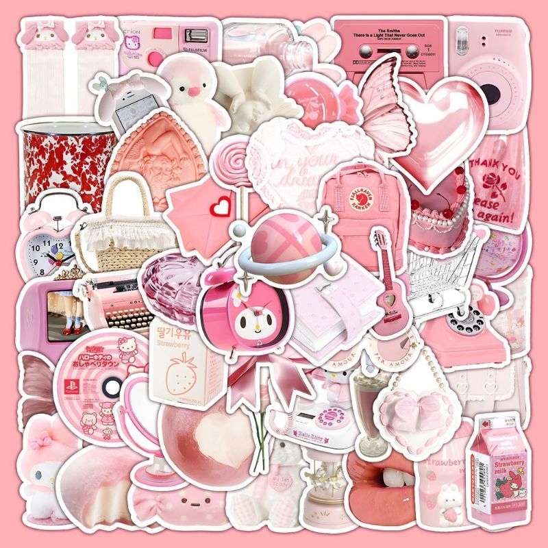 

63pcs Sticker Girly Pink Heart Waterproof Stiker HP Aesthetic Laptop Koper Anti Air