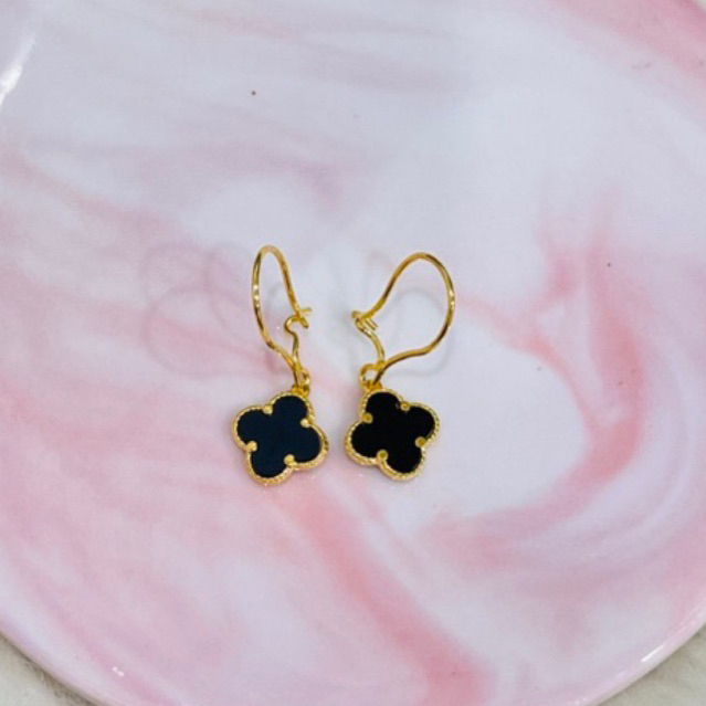 anting clover hooks hitam simple elegant emas asli kadar 700
