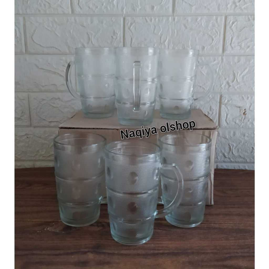 Gelas Teh Beling Gagang Motif Bintik /6 Pcs Gelas Gagang Kaca