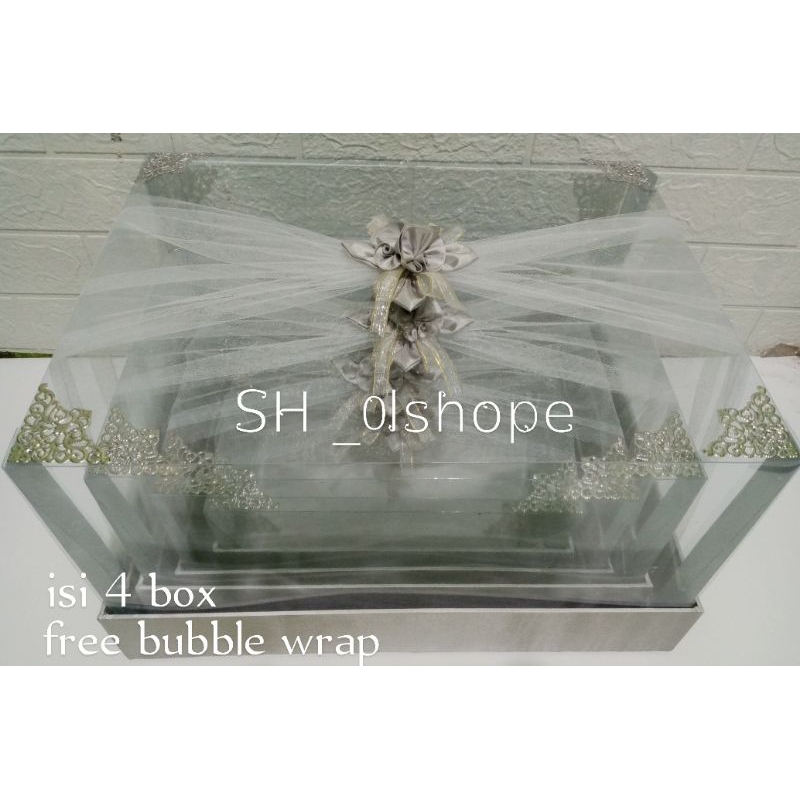 

kotak seserahan/box hantaran mika tile full isi 4 kotak warna silver "ukuran JUMBO