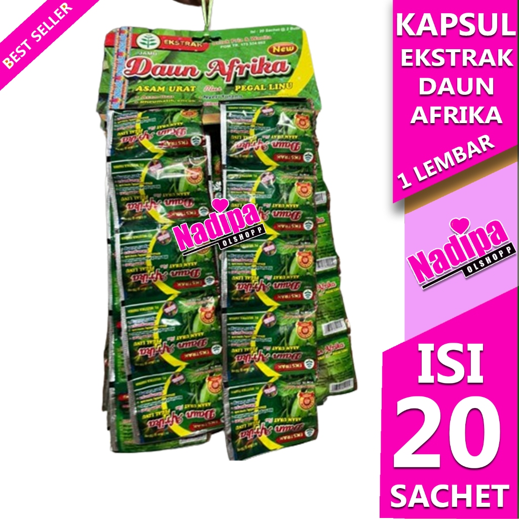 

EKSTRAK DAUN AFRIKA 1 RENCENG ISI 20 SACHET @2 TABLET nadipa olshopp
