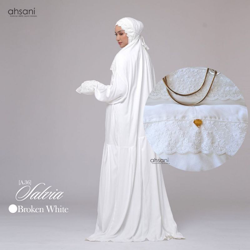 Mukena Terusan Ahsani A36 Salvia Broken White Putih Tulang Rayon Premium Adem Nyaman Dingin Jumbo Ru