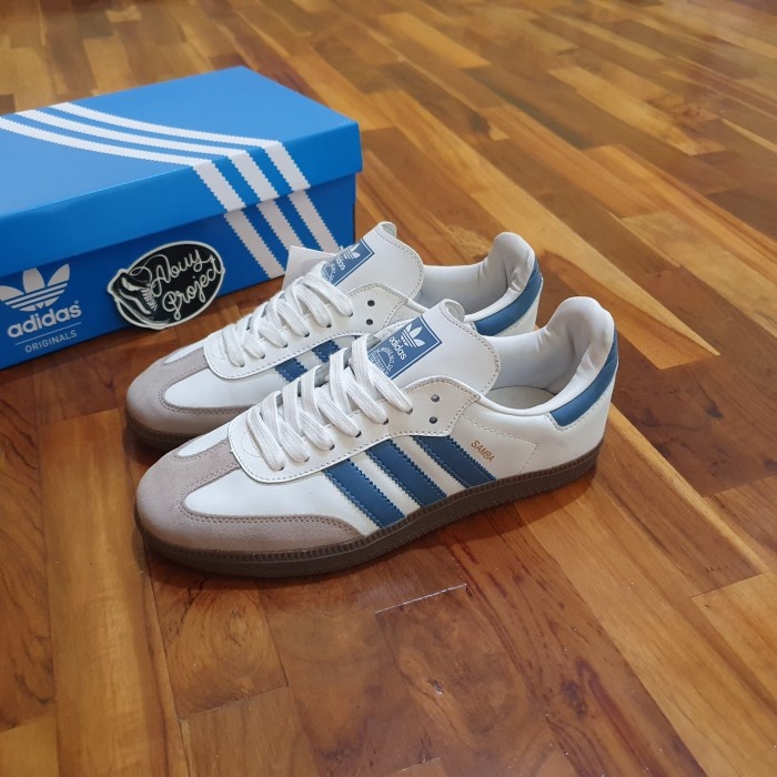 SNEAKERs ADIDAS SAMBA ORIGINAL WHITE BLUE SOL GUM - SEPATU ADIDAS CASUAL PRIA - SEPATU TIGA GARIS PU