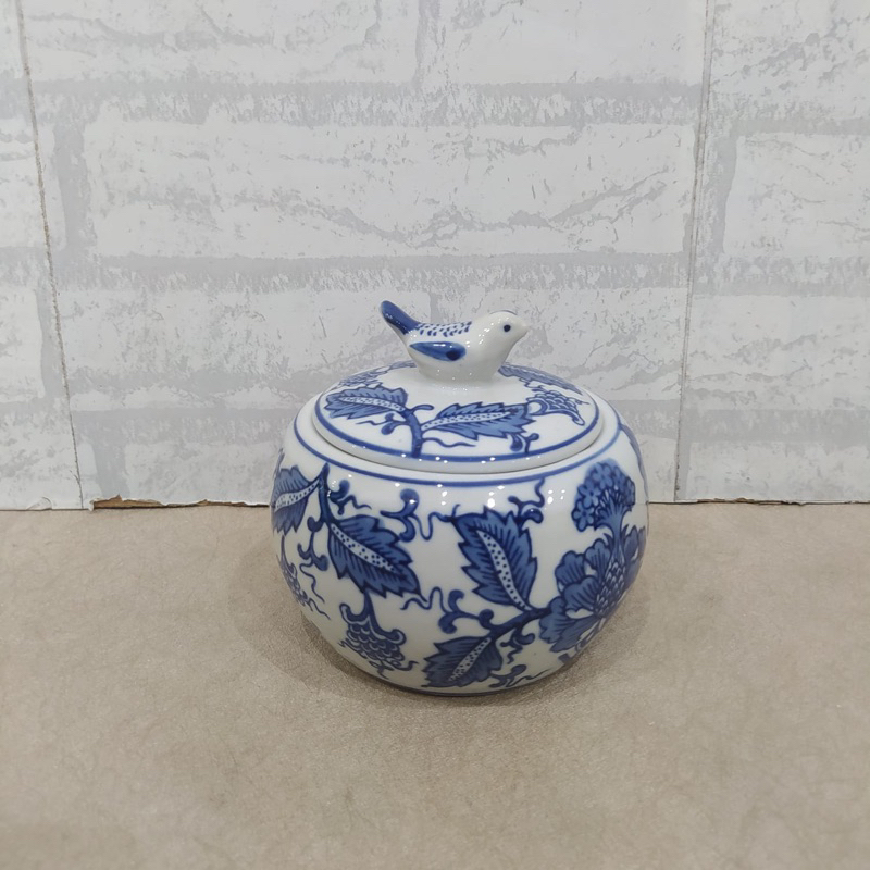Toples keramik model burung/ Toples Antik Keramik Biru putih burung