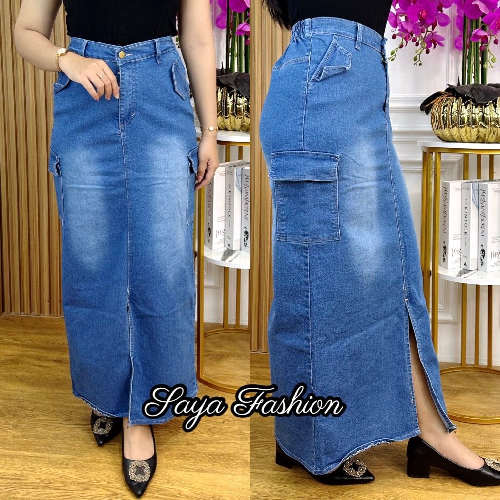 Rok Span Jeans Kargo Polos Panjang Premium