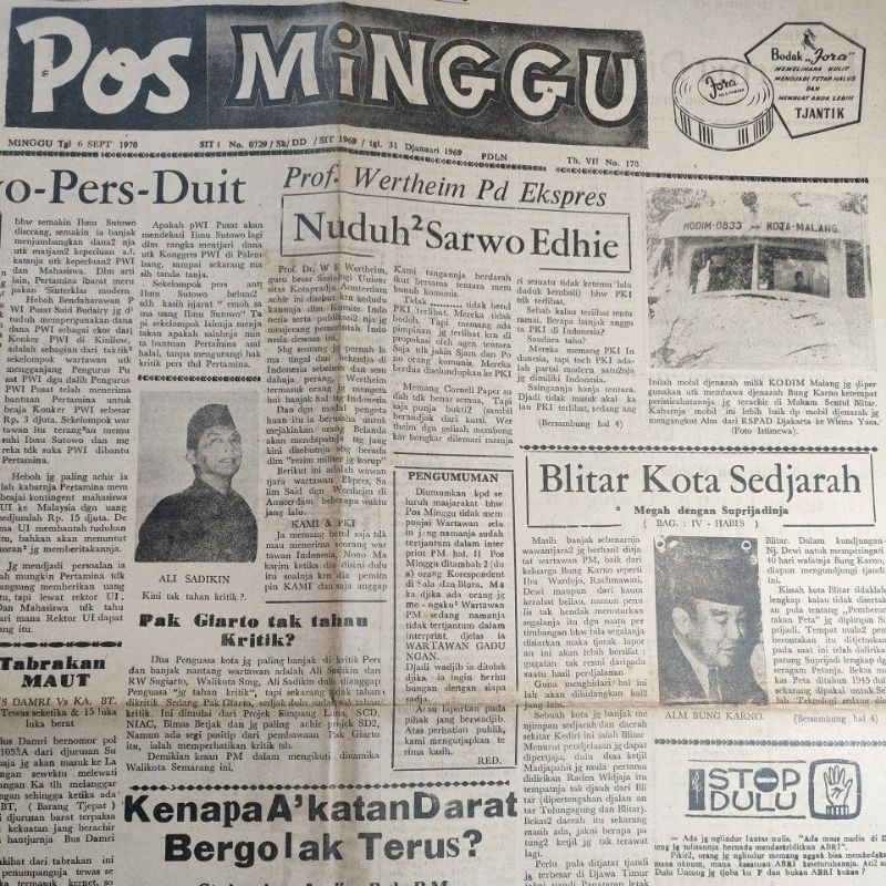 Koran Headline Tuduhan kepada Sarwo Edie atas penumpasan PeKI 1970 POS MINGGU