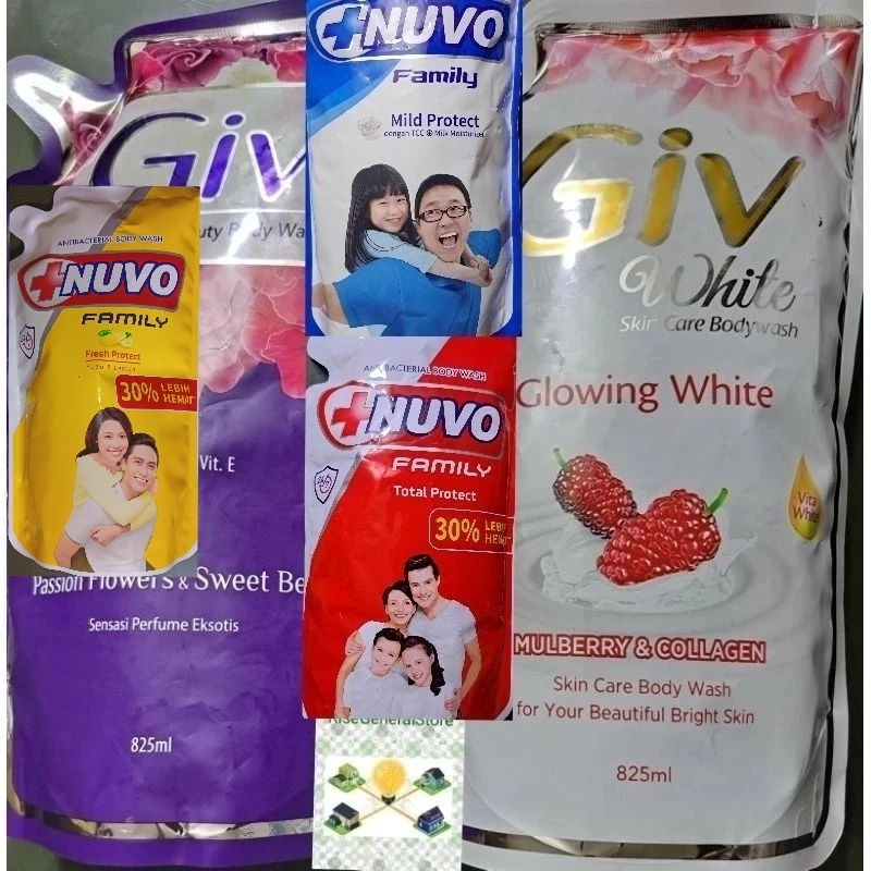 GIV/NUVO 825ml l/400ml sabun mandi cair Passion Flowers & Sweet Berry/ Glowing White/ Mild/Total Pro