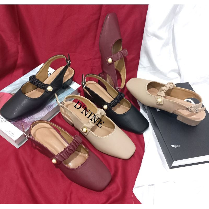 Sepatu Slop Tali Kerut Belakang Sepatu Santai Wanita Hak 3cm