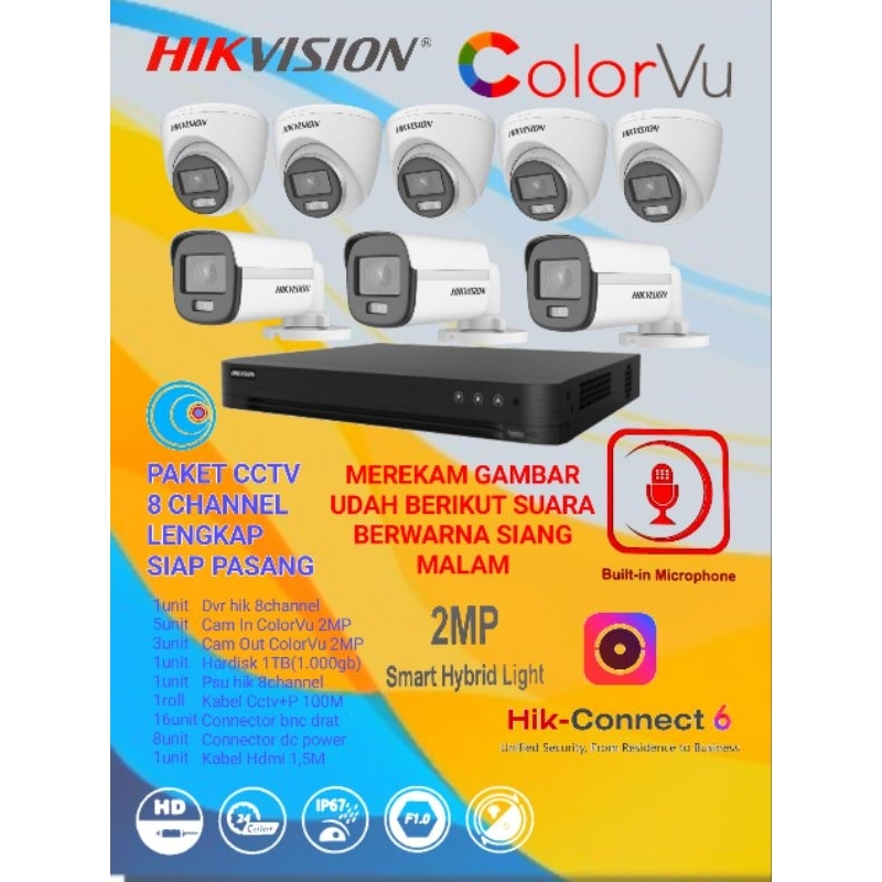 PAKET CCTV 8 CAMERA HIKVISION LENGKAP COLORVU AUDIO 2MP