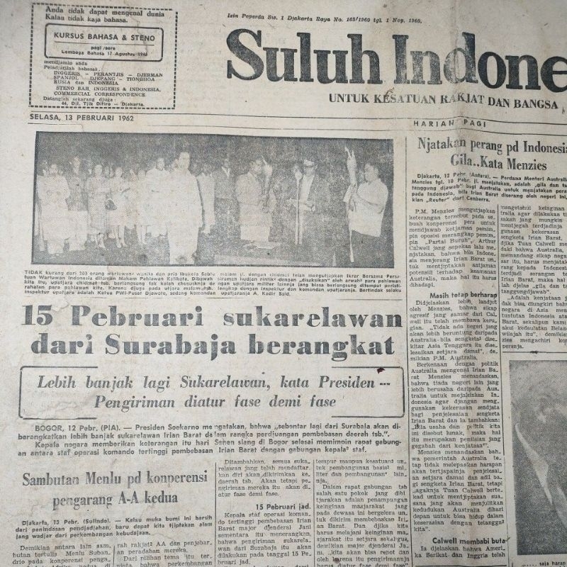 Koran Suluh Indonesia 13 februari 1963 Relawan Irian Barat-Kunjungan Robert Kennedy Ke Indonesia -In