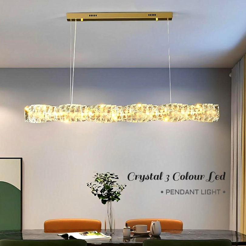 Lampu hias Gantung panjang MODERN GOLD premium CRYSTAL original BRICK LED pendant light living dinin