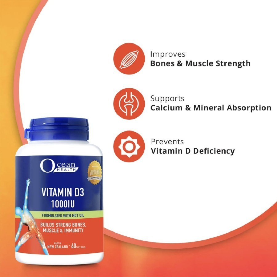 OCEAN HEALTH Vitamin D3 1000IU Strong Bones, Muscles, Immunity, Halal