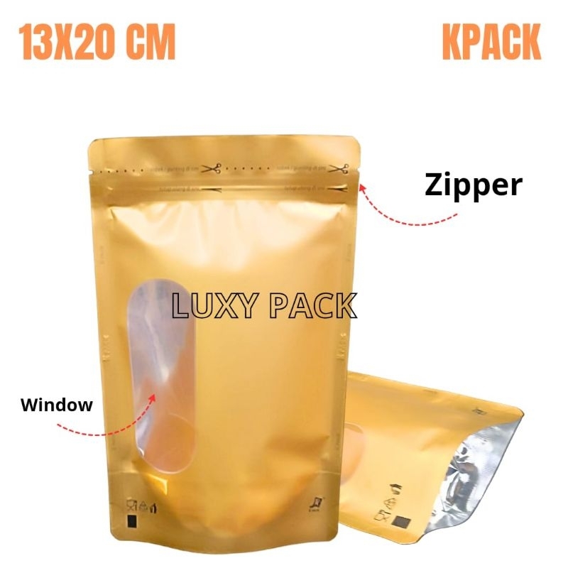 Standing Pouch Window Aluminium Foil dengan Ziplock 13 x 20 cm Transmetz 13x20 kpack emas doff