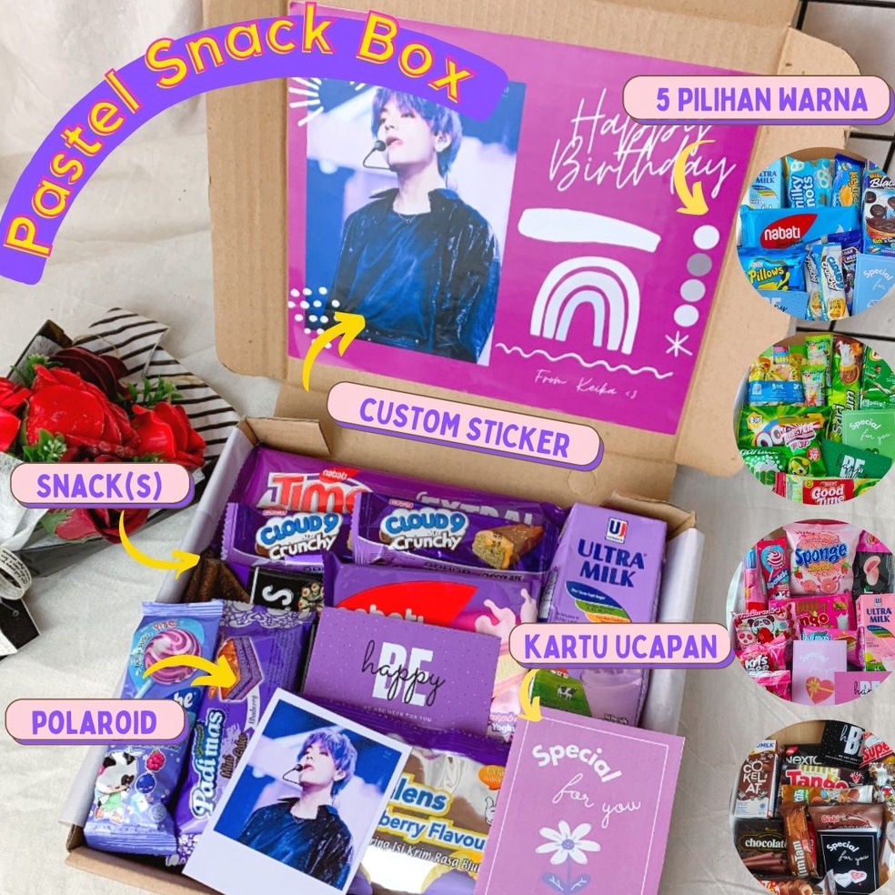 

Miliki Sekarang Pastel Snak Bx Ka jajan hampers Snakbx Haiah Wisua Ultah ewek Gift Pink Hijau Biru ka valentine hampers valentine WYS