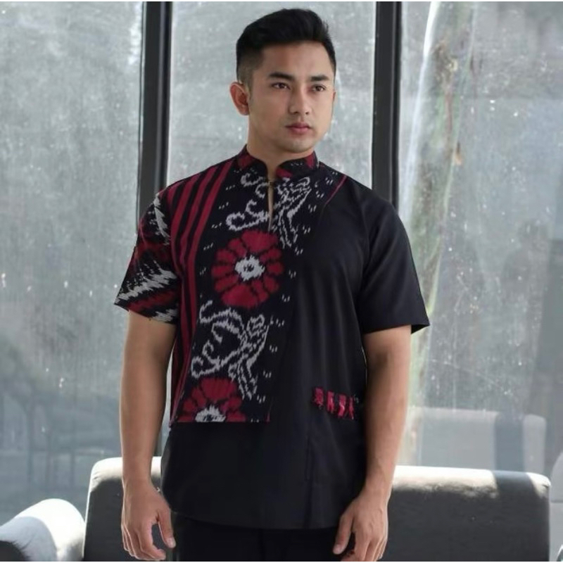 Syawal Kemeja Pendek Pria Kerah Shanghai Tenun ikat Troso Jepara NTT Toraja