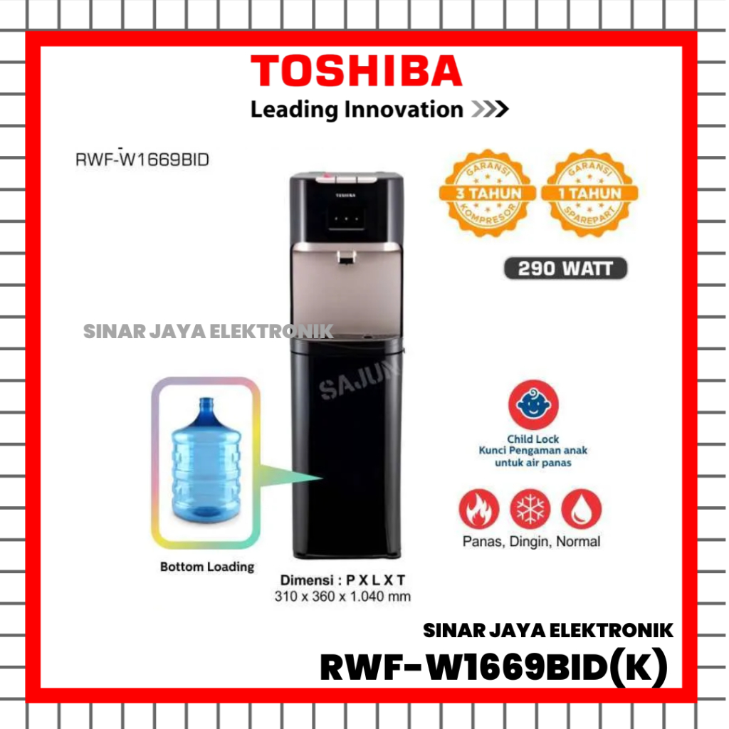 Toshiba Dispenser Air Galon Bawah RWF-W1669BID(K) - Pembuat Air Panas dan Dingin