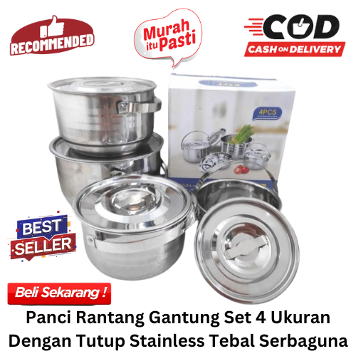 [BISA COD] PROMO Panci Rantang Gantung Set 4 Ukuran Dengan Tutup Stainless Tebal Serbaguna Panci Gan