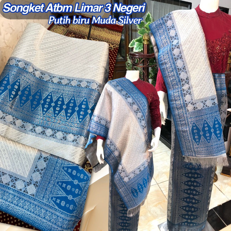 NEW Songket Atbm Limar 3 Negeri Exclusive Putih Biru Muda Silver/ Songket Tenun Mesin Palembang ilham Songket  / Motif Pulir