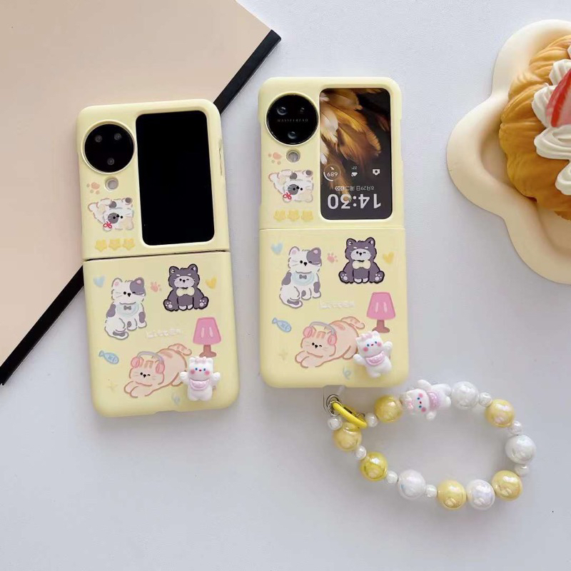 New Case Hp Cat Kitten Kitty Kucing Bear Imut Cute Timbul With Chain Buat Oppo Find N2 N3 Flip Oppo 