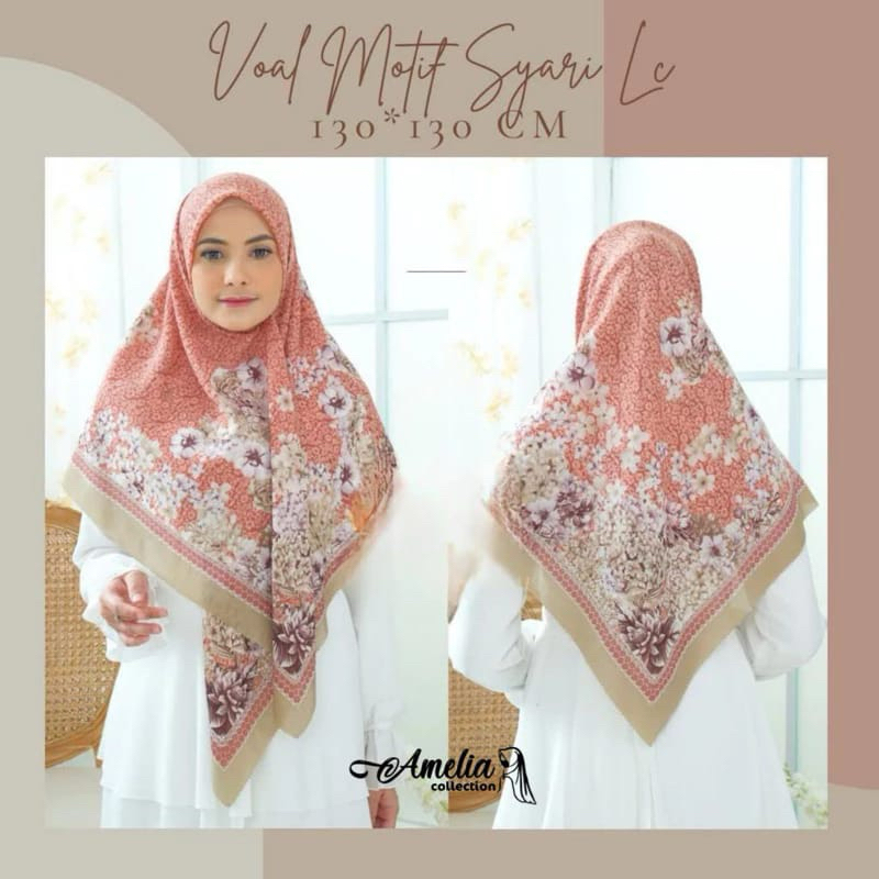 HIJAB SEGIEMPAT VOAL MOTIF JUMBO WARNA BATA