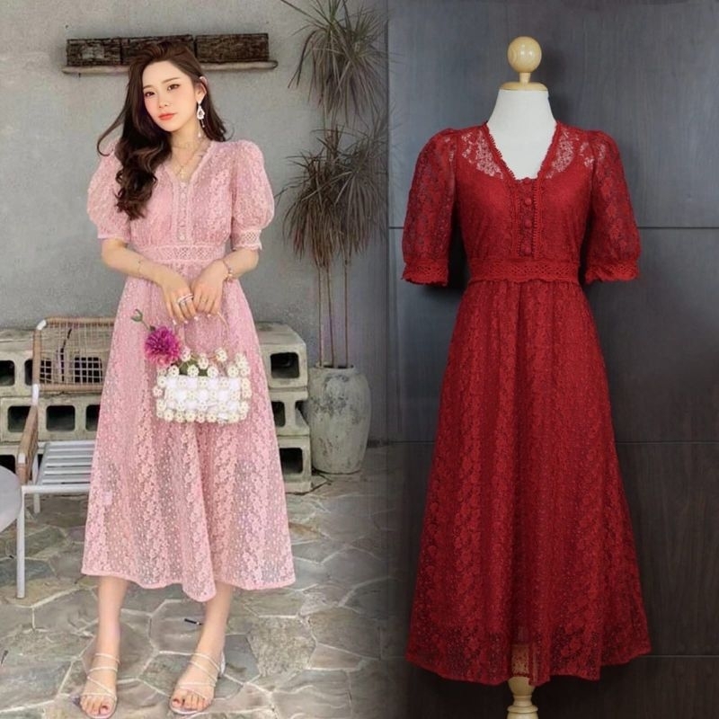 puff sleeve lace lacey midi long dress brukat brokat bruchat brocade pink red long dress maxi panjan