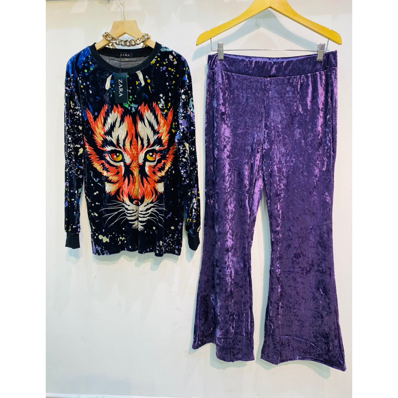 Set Velvet cantik motif full printing purple macan