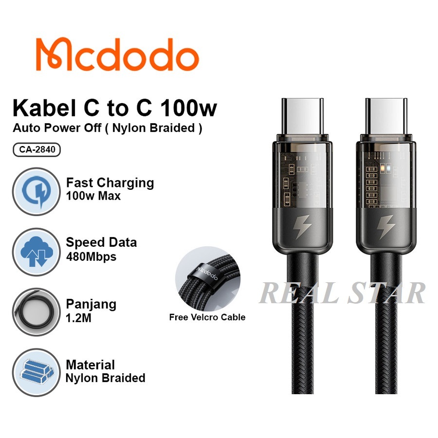 MCDODO CA-2840 Kabel Data PD Type C To Type C FAST Charging Auto Off 5A/100W - CA 2840