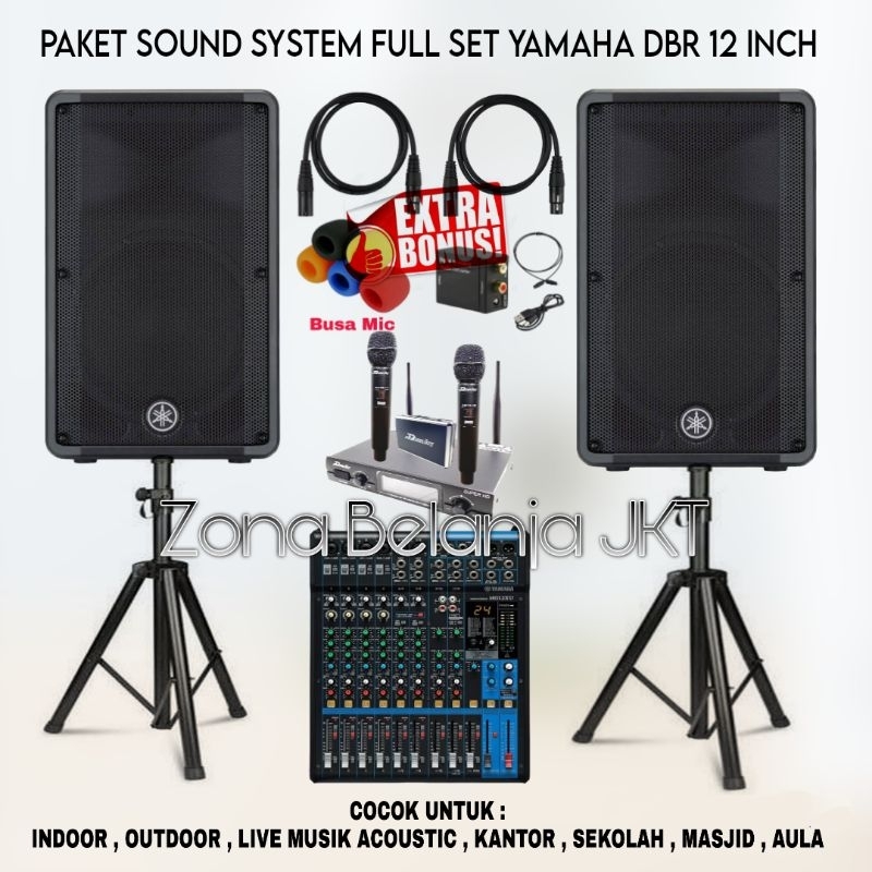 PAKET SOUND SYSTEM INDOOR OUTDOOR FULL SET SPEAKER YAMAHA DBR 12 INCH AKTIF MIXER YAMAHA 12 CHANNEL 