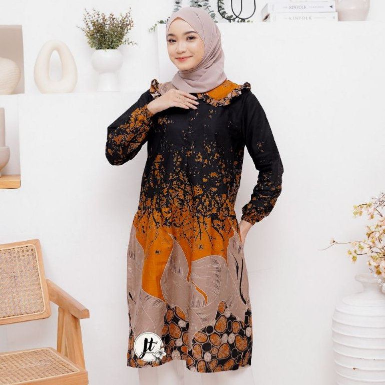 Tunik Baju Batik Lukis Orange Oren Wanita Atasan Batik Katun Kombinasi Lengan Karet M L XL