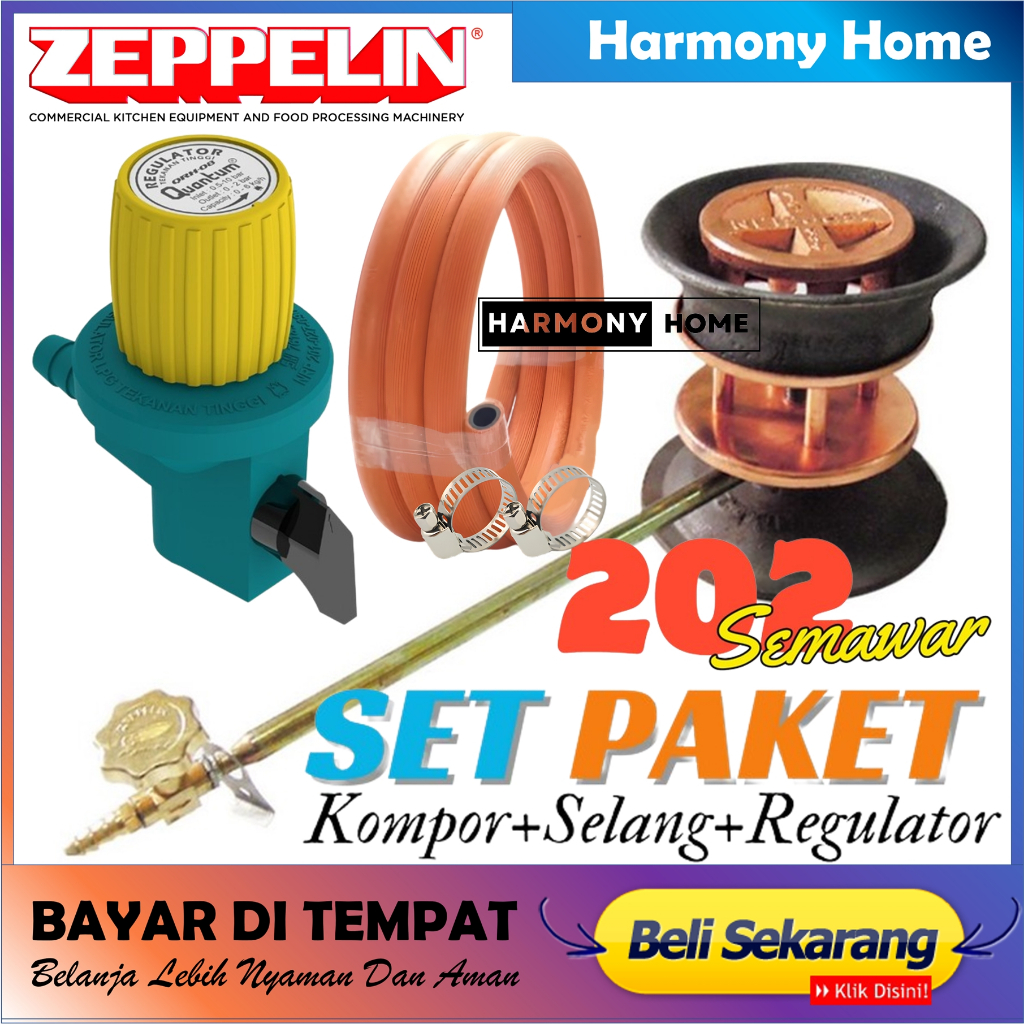 Paket Kompor Zeppelin ZPL 202 +Selang Gas Oren+regulator Quantum Non Meter Semawar Tekanan Tinggi Ko