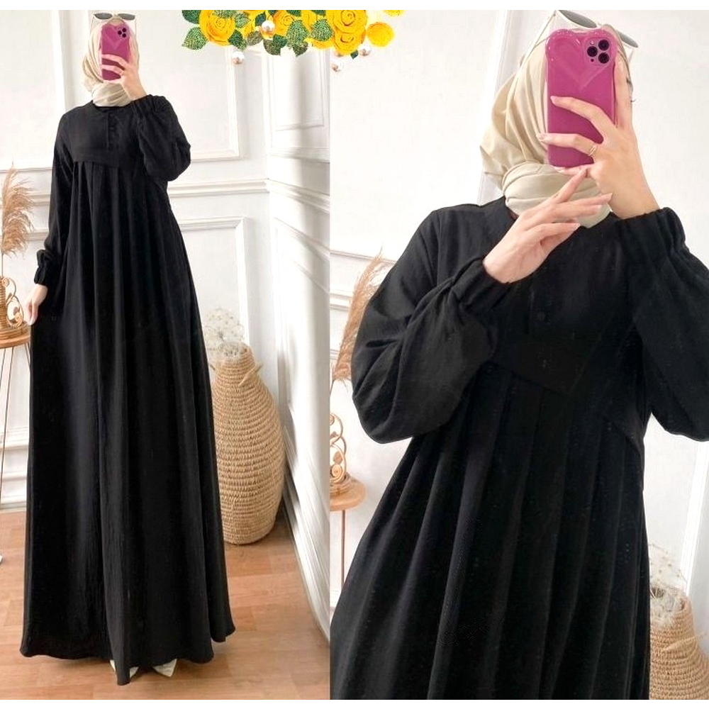 0012 Dres Gamis Kajian Formal Ibu Hitam Simpel Polos Jumbo Cantik Lucu Kekinian 2024