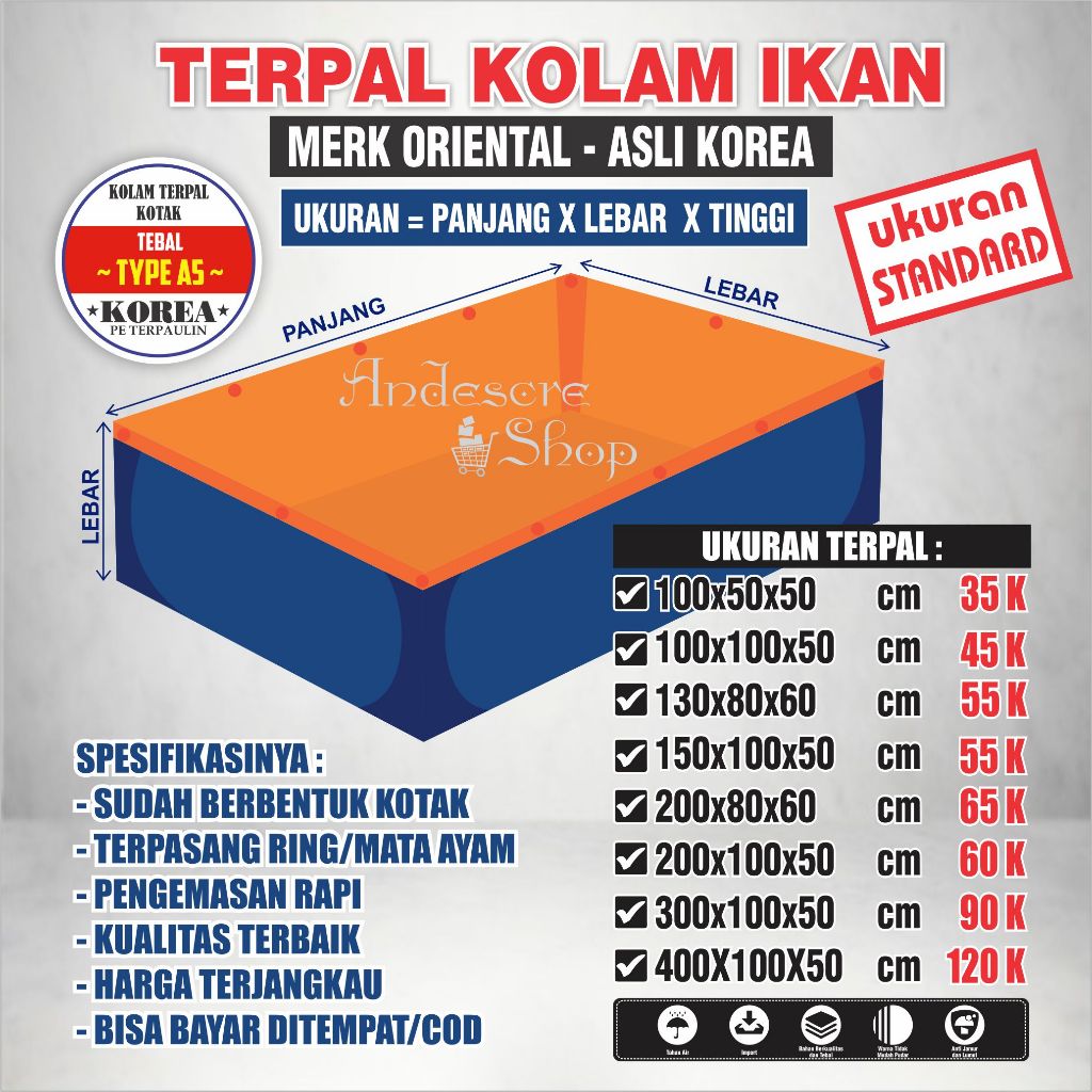 Kolam Terpal Ikan TAMBAK Type/Ketebalan A5 (UKURAN STANDAR) ASLI Korea Terpal Kolam Ikan Kotak Terpa