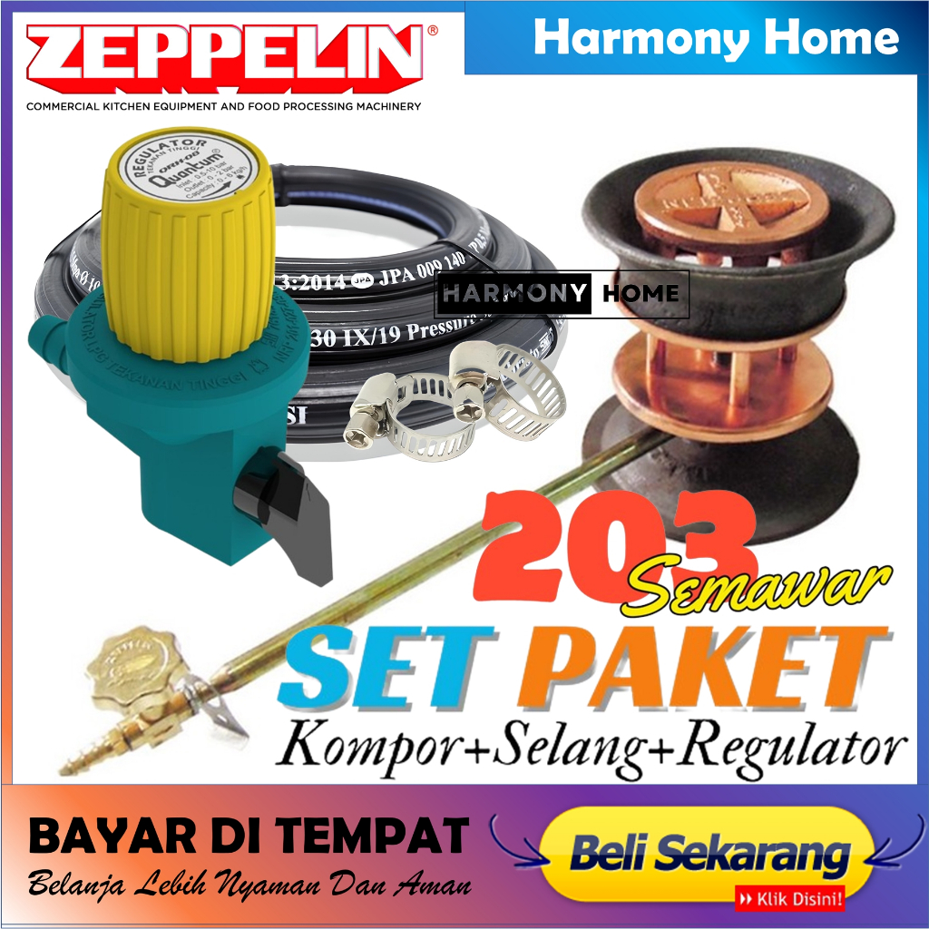 Paket Kompor Zeppelin ZPL 203 +Selang Gas Hitam+Regulator Quantum Non Meter Semawar Tekanan Tinggi K