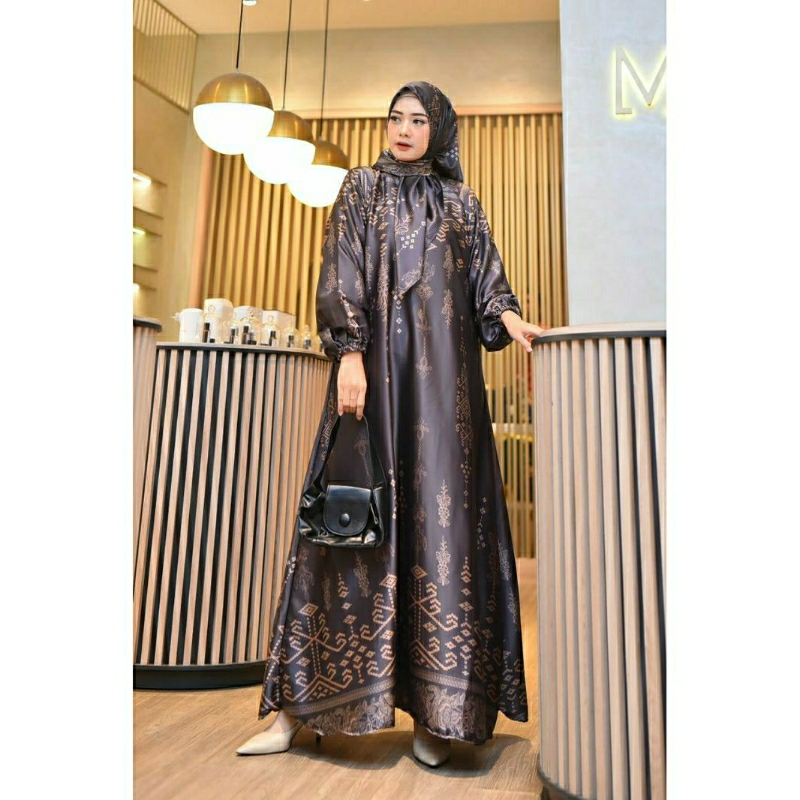 Gamis Set Hijab Armani Silk Premium motif Etnik