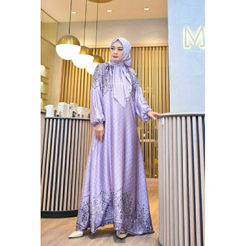Gamis Set Hijab Armani Silk Premium motif Etnik Kotak