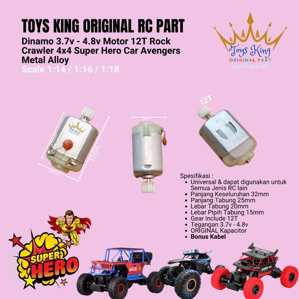Dinamo 3.7v - 4.8v Motor 12T Rock Crawler 4x4 Super Hero Car Avengers Metal Alloy  Scale 1:14 / 1:16