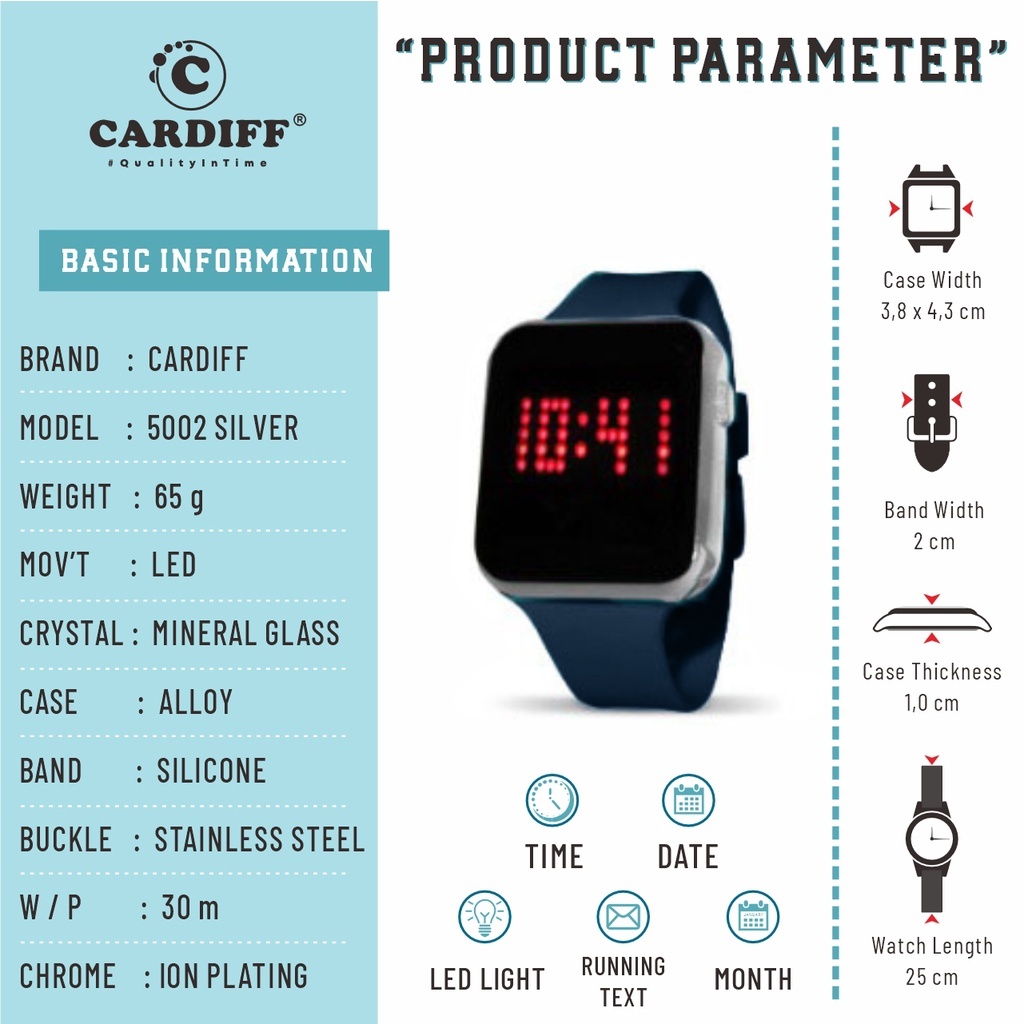 WTT CARDIFF Jam tangan LED sport pria wanita waterproof 5002 Silver Tulis Nama Rubber Silicon Karet