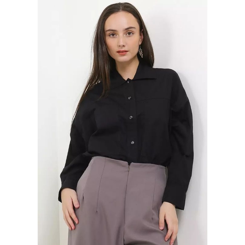 KC809 KATUN POPPLIN SHIRT BLACK HITAM KEMEJA LOIS ORIGINAL WANITA MONOKROM KEREN