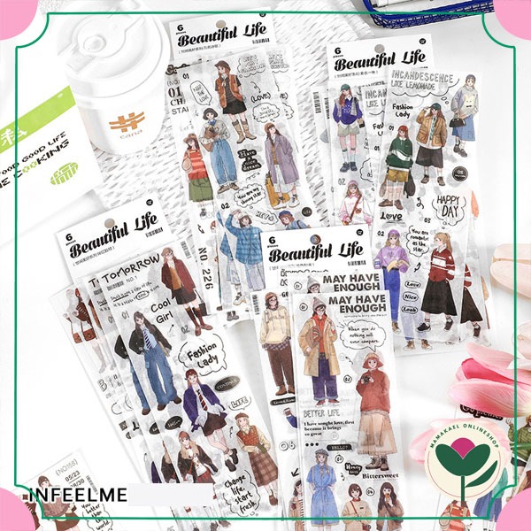 

1 set isi 6 lembar sticker OOTD beautiful life deco stiker kawai aesthetic retro vintage fashion lucu cute MK1443