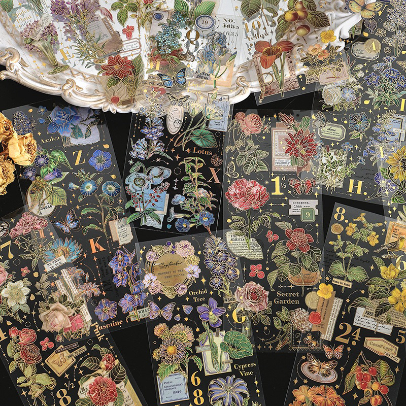 

Sticker transparant motif bunga vintage gold foil