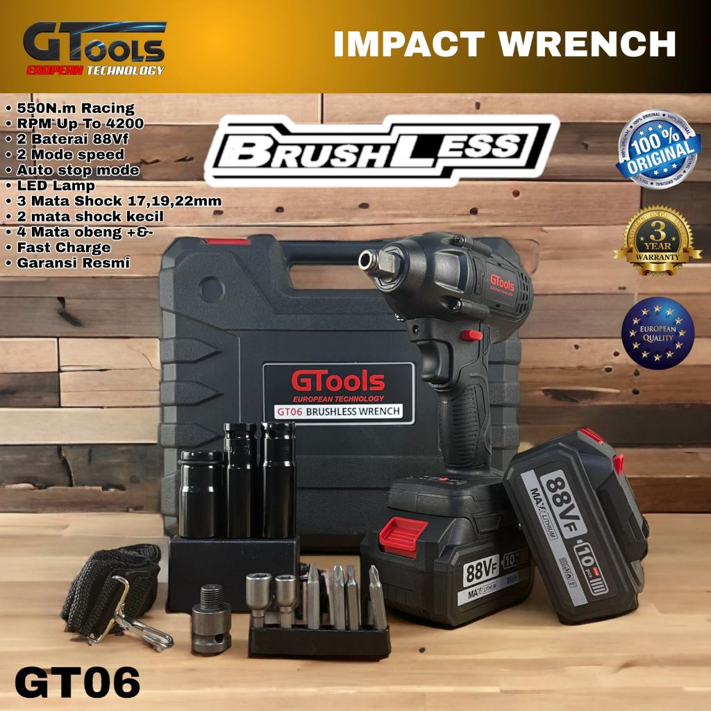 impact wrench GTOOLS EROPA GT06  mesin pembuka baut ban roda truck mobil motor CVT baterai cordless 