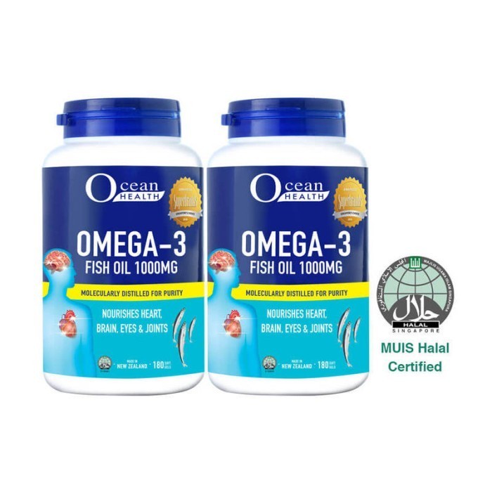 OCEAN HEALTH Omega-3 Fish Oil Softgel 1000mg (180s x 2 bottles)/ HALAL