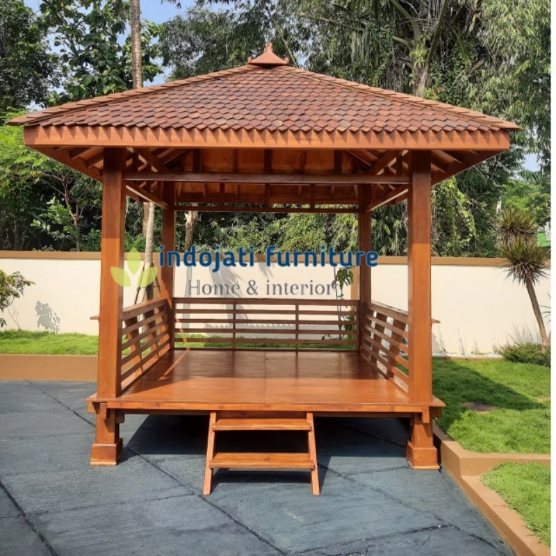 gazebo kayu jati minimalis atap sirap kayu ulin