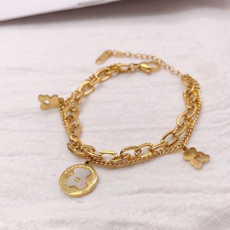 Clafel & Co - BEARY Gelang Tangan Layer Wanita Titanium Asli Lapis Emas 18K ZIRCON Rantai Jewelry