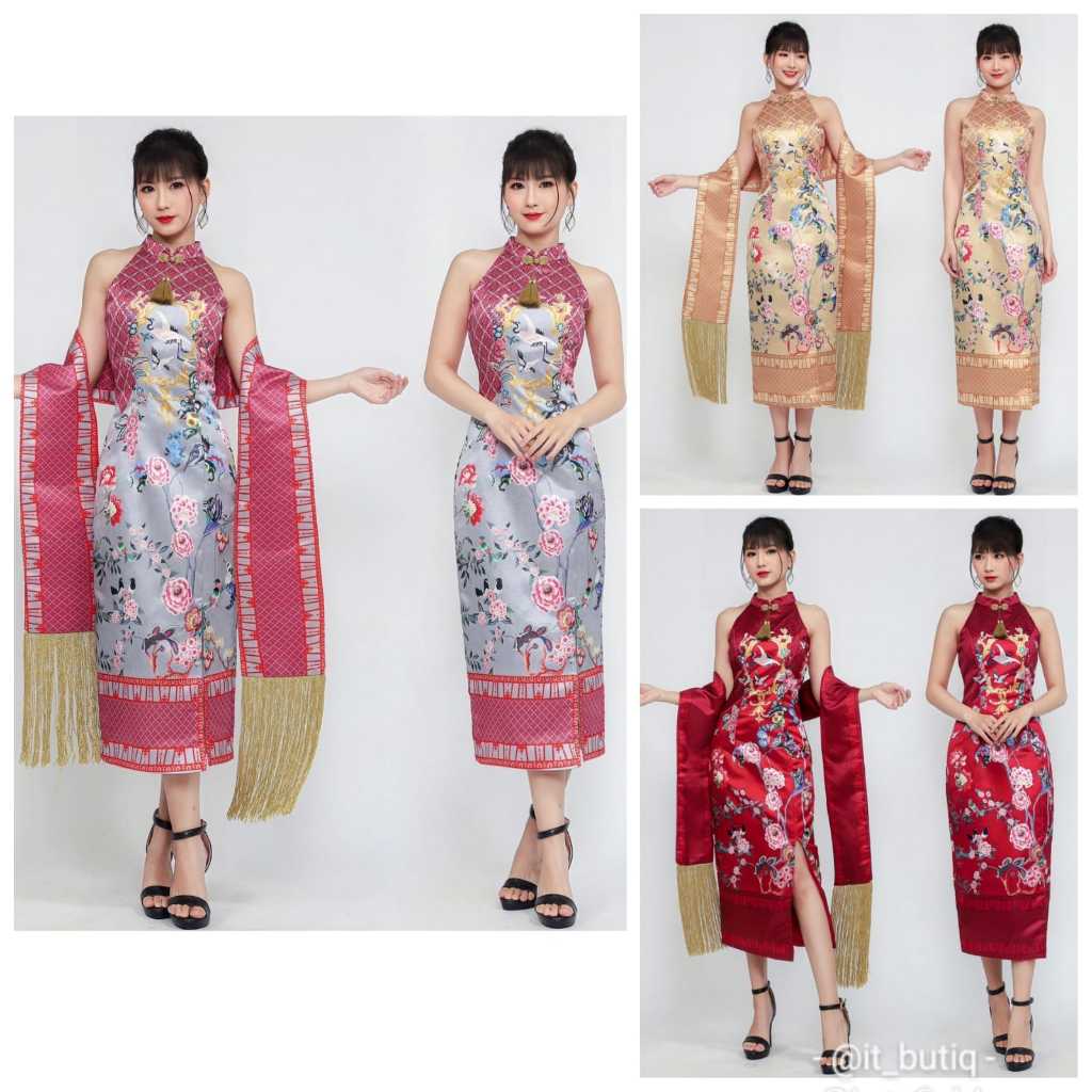 Dress cheongsam pink gold merah maroon mididress shanghai qipao ws02