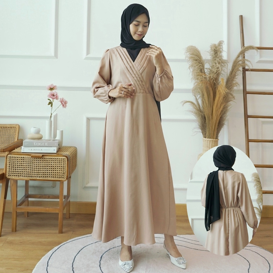 GDTima V Neck Midi Dress Muslim Wanita Lengan Panjang Lengan Karet Gamis