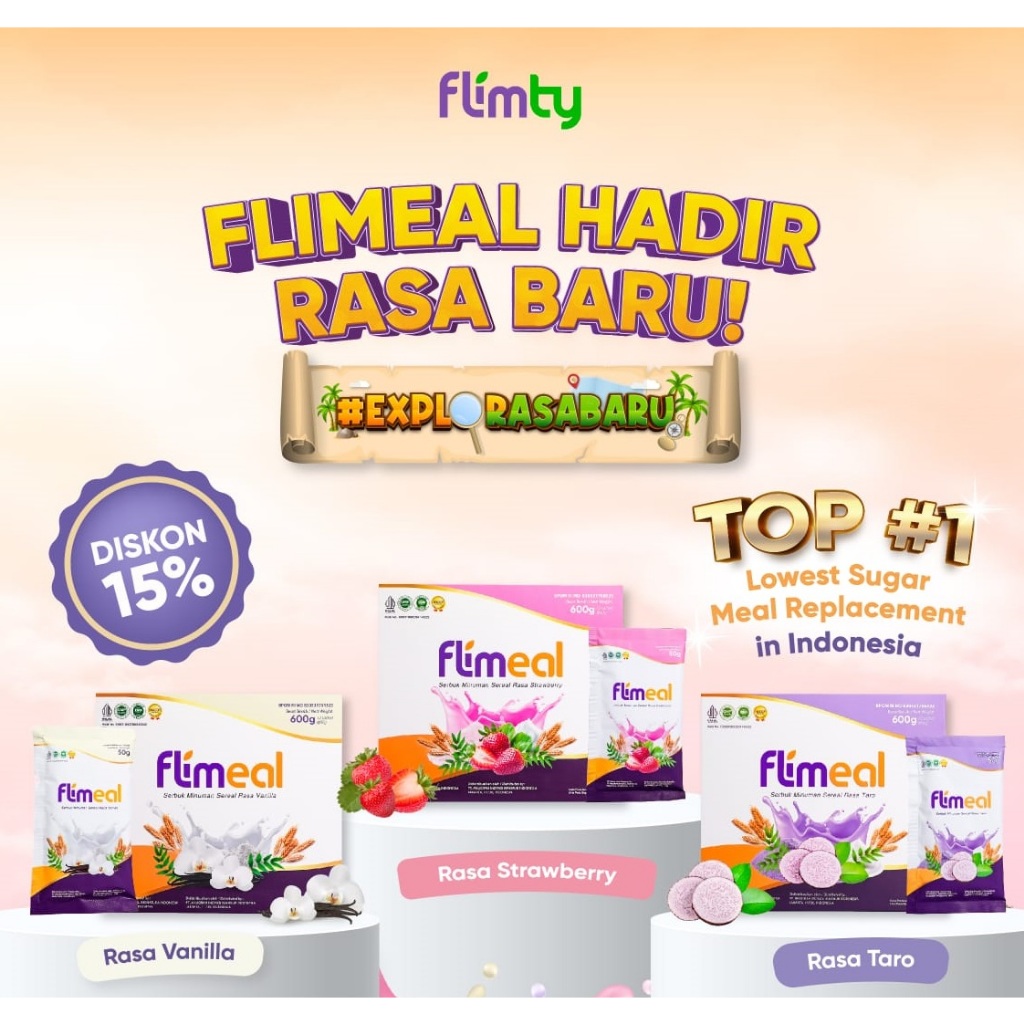 

Flimeal by Flimty Sereal diet Rasa Baru Taro Vanilla Strawberry Cokelat Susu Pengganti Makanan