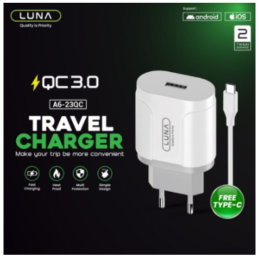Charger luna A6-23Qc/ Charger luna type c/ Charger fast charging/ Pengecas cepat/ Luna A6-23qc