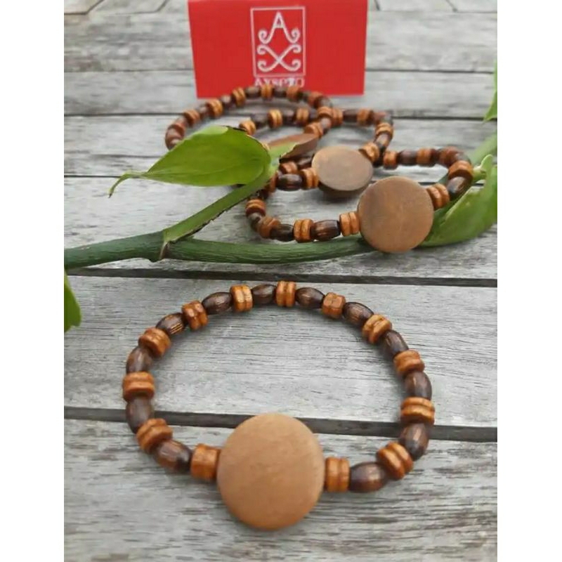 COD 1 Pcs Gelang Tangan Kayu Coklat Motif Jam Tangan dan Liontin Batu Alam, Tali Karet Elastis