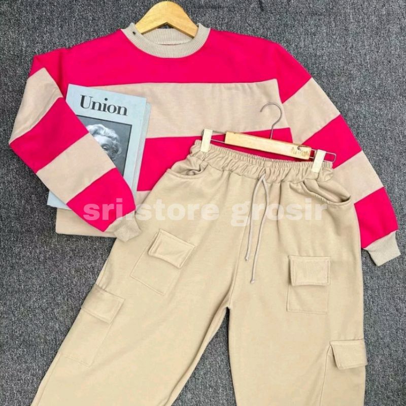 ONESET KIYOWO SWEET PANTS JOOLY UP CARGO WANITA OVERSIZE JUMBO SETELAN SWEATER CROPE WANITA + CARGO